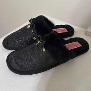 Kate Spade Women’s Lacey Mule Slippers / Black Glitter/ Faux Fur / Size 7-1/2(8)